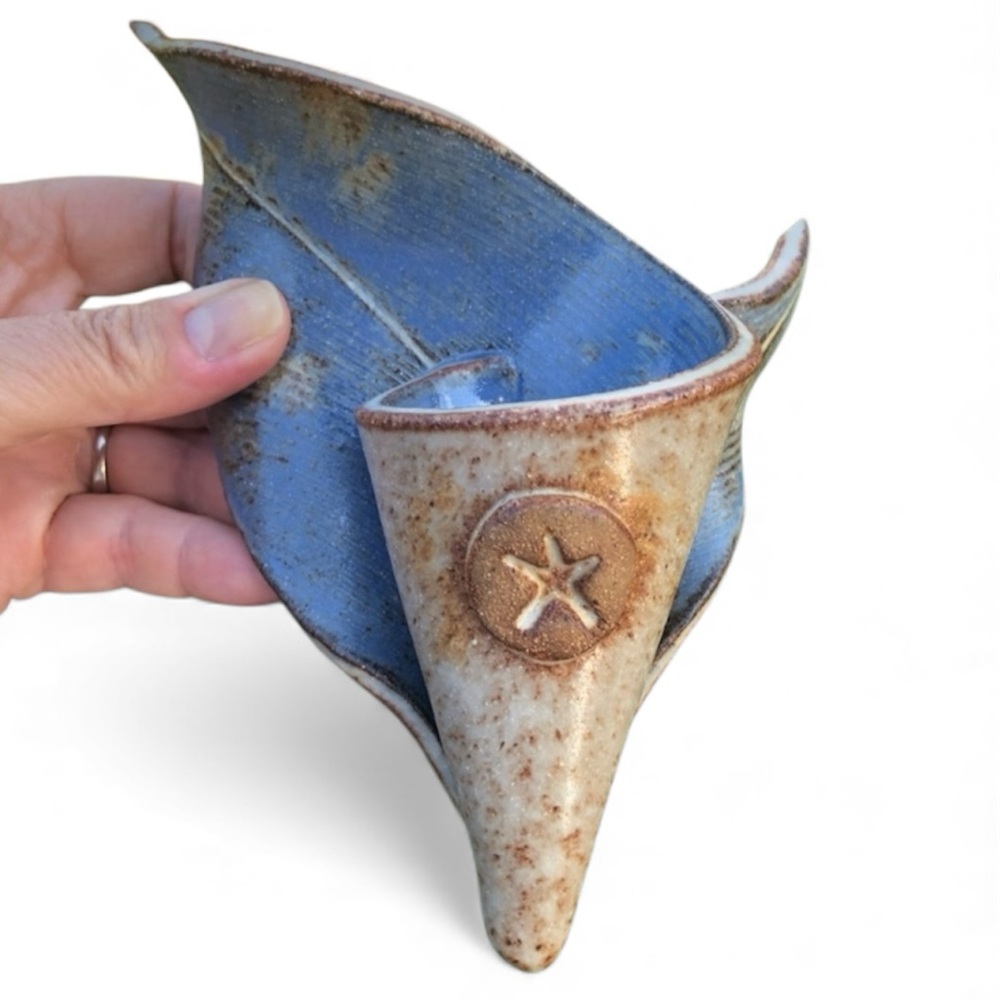 Handmade Coastal Pottery Wall Pocket – Blue Glaze Starfish Accent - Blue Tan